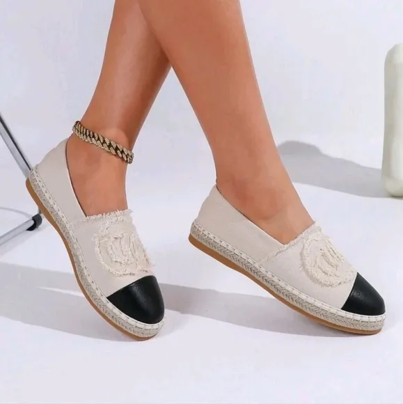 Women's Canvas Slip-On Loafers, Black And White Patchwork, Casual Fisherman Shoe