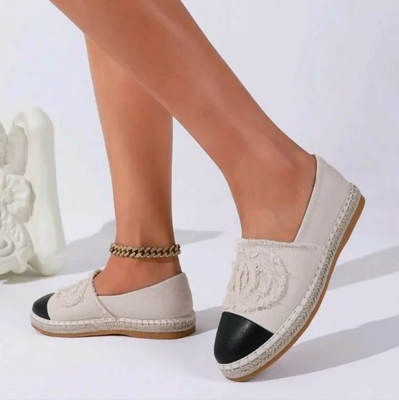 Women's Canvas Slip-On Loafers, Black And White Patchwork, Casual Fisherman Shoe