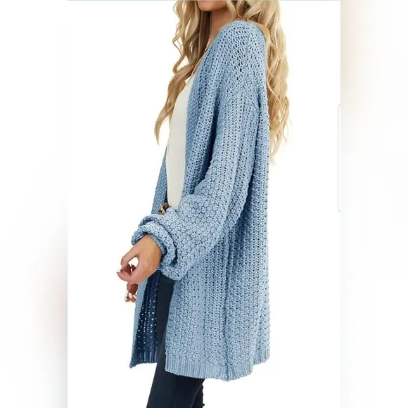 💚Womens Cardigan Solid Color Long Sleeve Open Front Chunky Knit Sweater Outwear