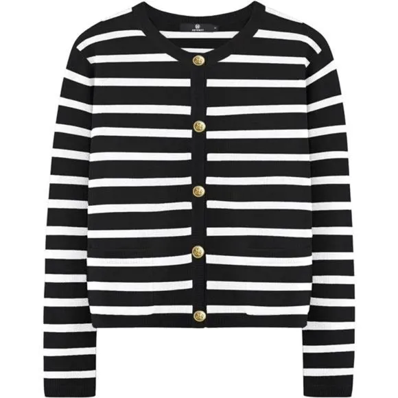 Women's Cardigan Striped Sweater Fall Open Front Button Down Knit with Pockets