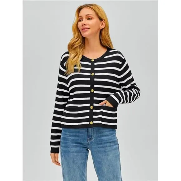 Women's Cardigan Striped Sweater Fall Open Front Button Down Knit with Pockets