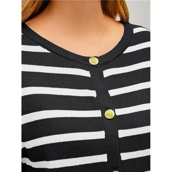 Women's Cardigan Striped Sweater Fall Open Front Button Down Knit with Pockets