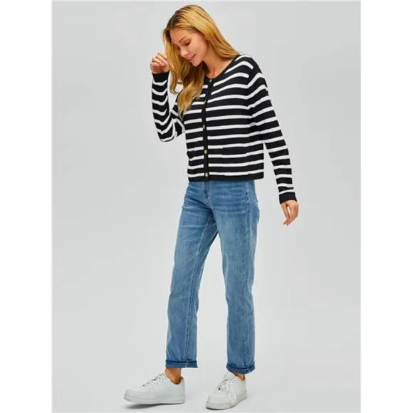 Women's Cardigan Striped Sweater Fall Open Front Button Down Knit with Pockets