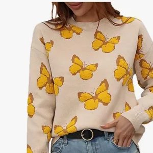 Women’s Casual Leopard Print Knitted Pullover Sweaters Long Sleeve Crew Neck Jum