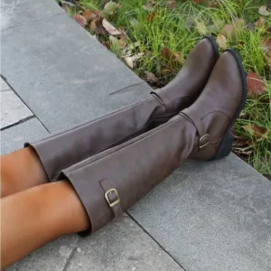 Women's Comfortable Chunky Heel High-Cut Riding Boots With Inner Zipper