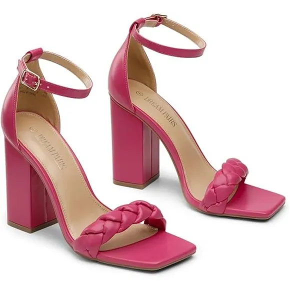 Women's  Heels for Women Braided Open Toe Ankle Strap Pink High Block Chunky