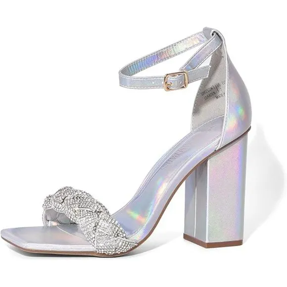 Women's Heels for Women Braided Open Toe Silver Ankle Strap High Block Heel
