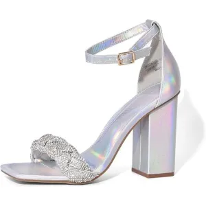 Women's Heels for Women Braided Open Toe Silver Ankle Strap High Block Heel