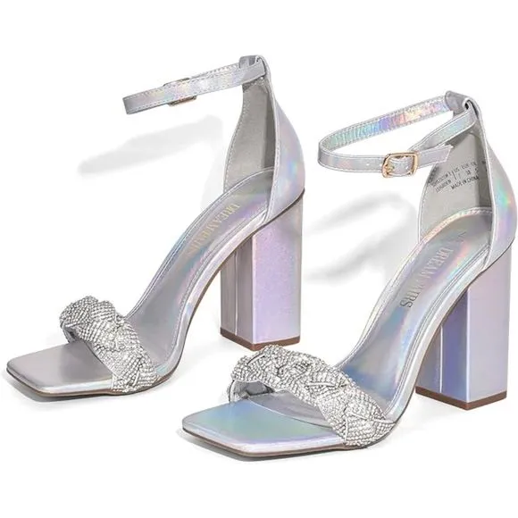 Women's Heels for Women Braided Open Toe Silver Ankle Strap High Block Heel