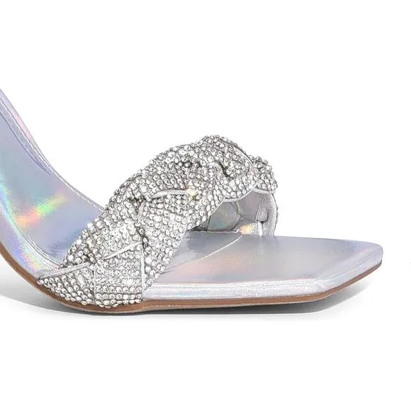 Women's Heels for Women Braided Open Toe Silver Ankle Strap High Block Heel
