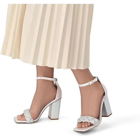 Women's Heels for Women Braided Open Toe Silver Ankle Strap High Block Heel