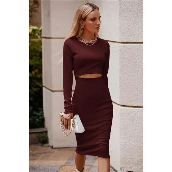 Women's Long Sleeve Midi Bodycon Dress Casual Crewneck Cut Out Ribbed Knit Dress