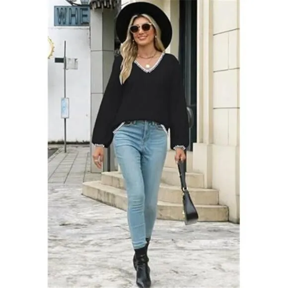 Women's Long Sleeve V Neck Sweater Off Shoulder Knit Top Pullover Sweater