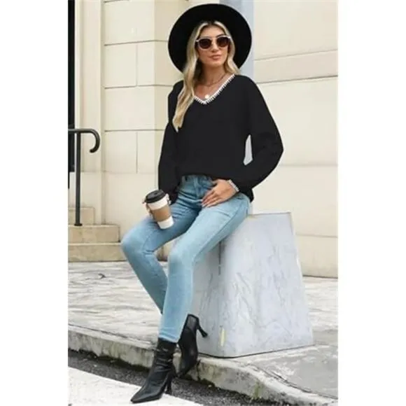 Women's Long Sleeve V Neck Sweater Off Shoulder Knit Top Pullover Sweater
