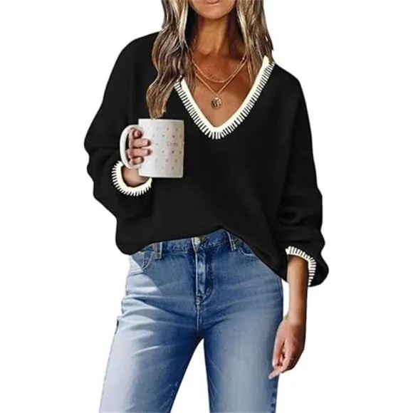 Women's Long Sleeve V Neck Sweater Off Shoulder Knit Top Pullover Sweater