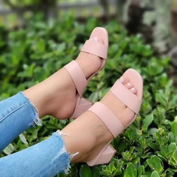 Women's Mauve Square Sole Double Strap Chunky Heel Sandals