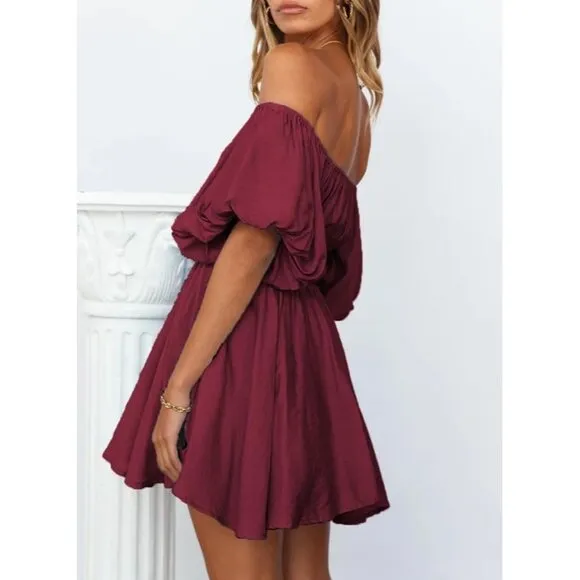 Womens Off The Shoulder Summer Dresses Short Lantern Sleeve Ruffle Mini Dress