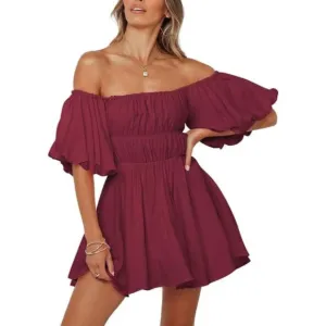 Womens Off The Shoulder Summer Dresses Short Lantern Sleeve Ruffle Mini Dress