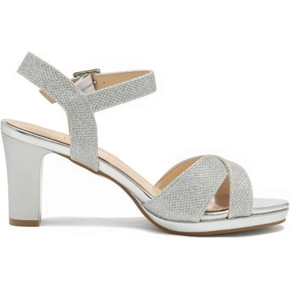 Women’s Open Toe Ankle Strap Sparkly Strappy Chunky Heel Pump silver Sandals