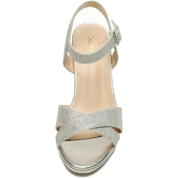 Women’s Open Toe Ankle Strap Sparkly Strappy Chunky Heel Pump silver Sandals