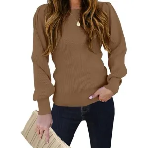 Women's Puff Sleeve Crew Neck Pullover Sweater Casual Cozy Knit Slim Jumper Tops