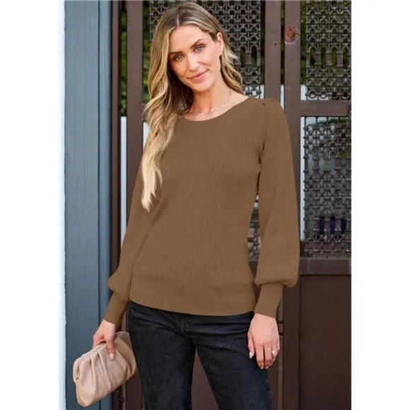 Women's Puff Sleeve Crew Neck Pullover Sweater Casual Cozy Knit Slim Jumper Tops