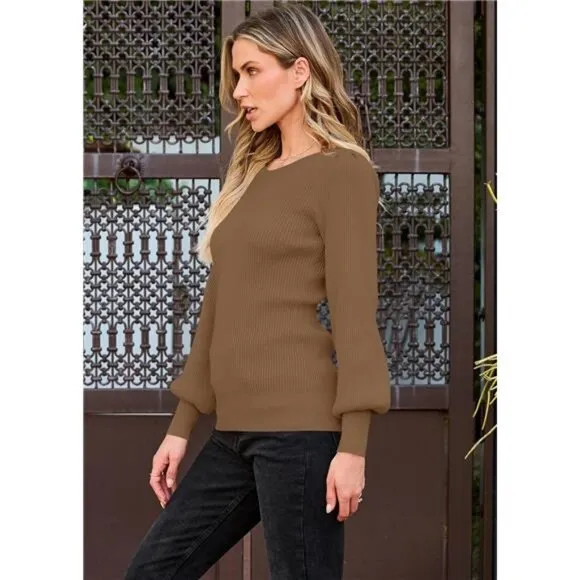 Women's Puff Sleeve Crew Neck Pullover Sweater Casual Cozy Knit Slim Jumper Tops
