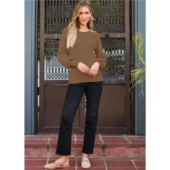 Women's Puff Sleeve Crew Neck Pullover Sweater Casual Cozy Knit Slim Jumper Tops