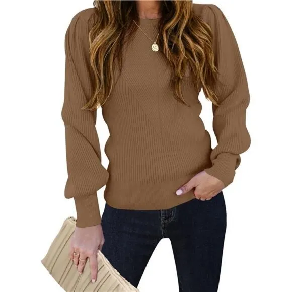 Women's Puff Sleeve Crew Neck Pullover Sweater Casual Cozy Knit Slim Jumper Tops