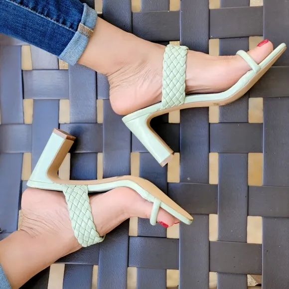 Women's Sage Green Braided Chunky Block Heel Slide Sandals