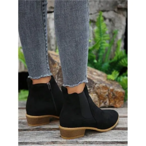 Women's Side Zip Chunky Heel Ankle Boots Four Seasons Wearable Faux Suede Boots