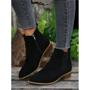 Women's Side Zip Chunky Heel Ankle Boots Four Seasons Wearable Faux Suede Boots