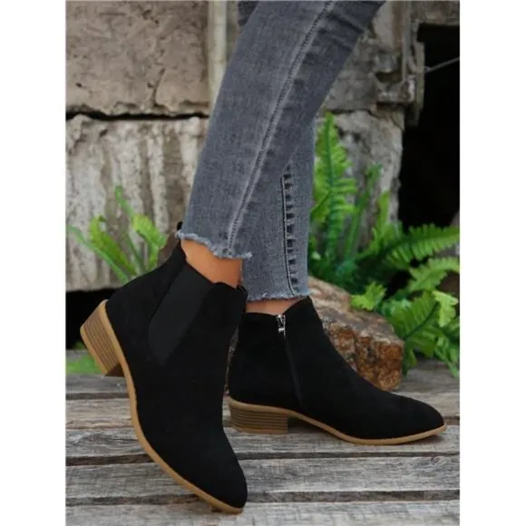 Women's Side Zip Chunky Heel Ankle Boots Four Seasons Wearable Faux Suede Boots