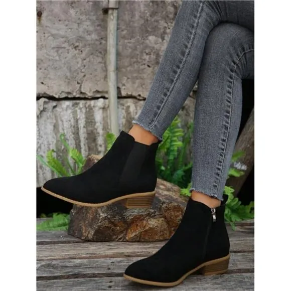 Women's Side Zip Chunky Heel Ankle Boots Four Seasons Wearable Faux Suede Boots