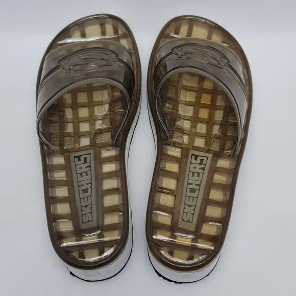 Women’s Skechers Y2K Chunky Platform Clear Brown Jelly Slides Sandals Size 10