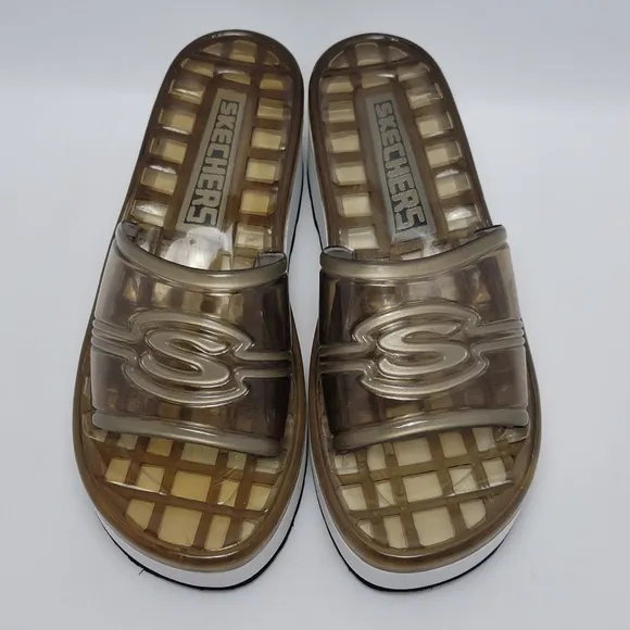 Women’s Skechers Y2K Chunky Platform Clear Brown Jelly Slides Sandals Size 10