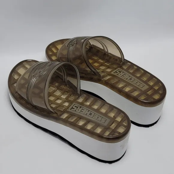 Women’s Skechers Y2K Chunky Platform Clear Brown Jelly Slides Sandals Size 10