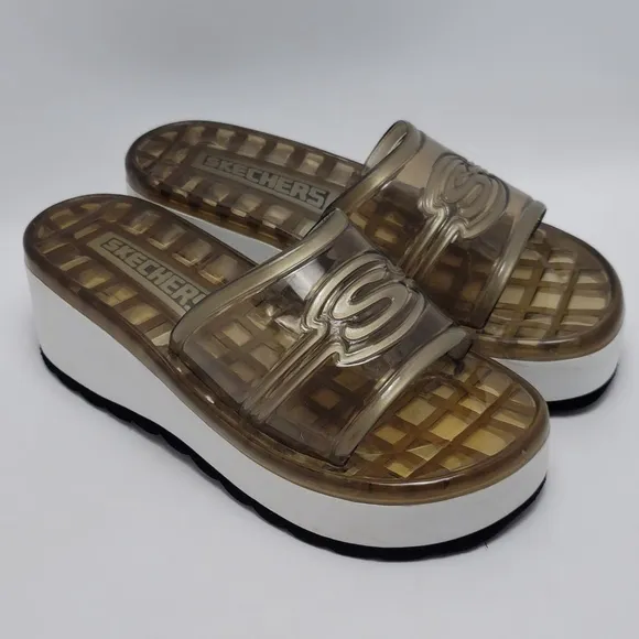 Women’s Skechers Y2K Chunky Platform Clear Brown Jelly Slides Sandals Size 10