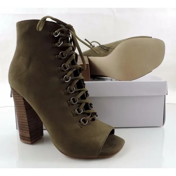 Women's Steve Madden FREEMEE Lace Up Open Toe Heel Bootie Green Leather Size 7.5