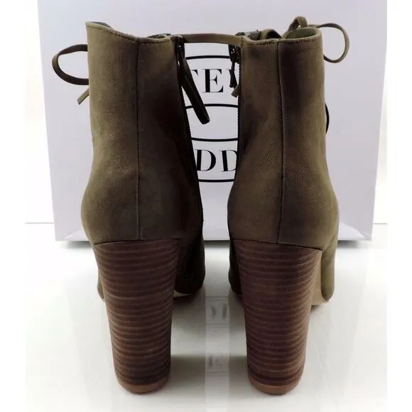 Women's Steve Madden FREEMEE Lace Up Open Toe Heel Bootie Green Leather Size 7.5