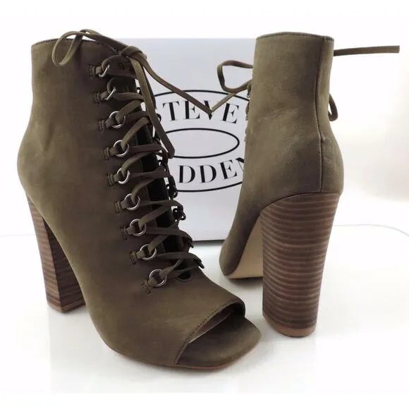 Women's Steve Madden FREEMEE Lace Up Open Toe Heel Bootie Green Leather Size 7.5