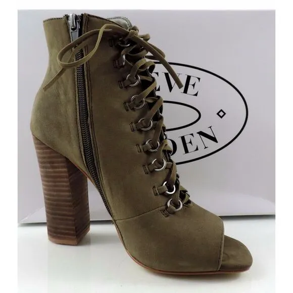 Women's Steve Madden FREEMEE Lace Up Open Toe Heel Bootie Green Leather Size 7.5
