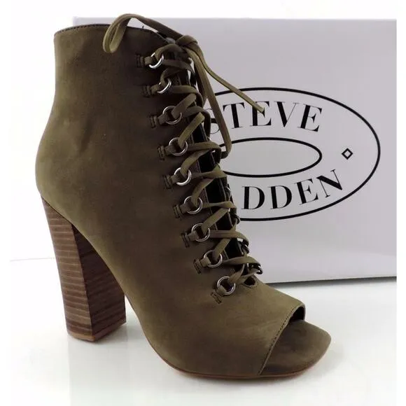 Women's Steve Madden FREEMEE Lace Up Open Toe Heel Bootie Green Leather Size 7.5