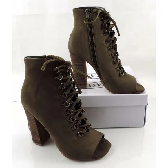 Women's Steve Madden FREEMEE Lace Up Open Toe Heel Bootie Green Leather Size 7.5