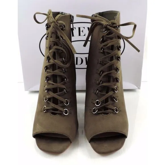Women's Steve Madden FREEMEE Lace Up Open Toe Heel Bootie Green Leather Size 7.5