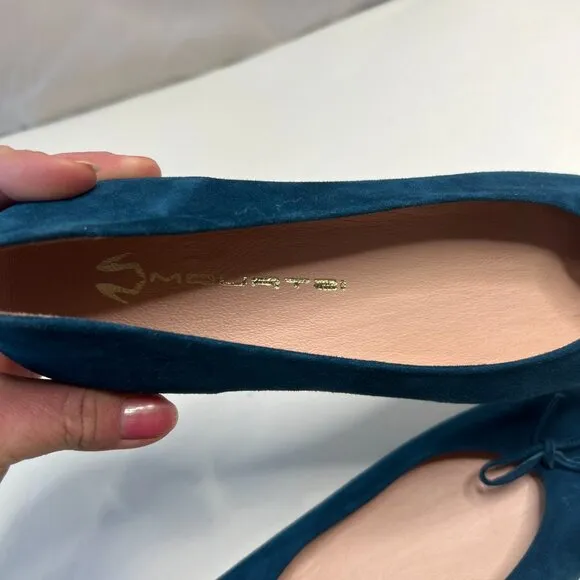 Women's Suede Made in Greece Sz 8.5 39 EU Teal Blue Ballerina Loafer Fairy Bow