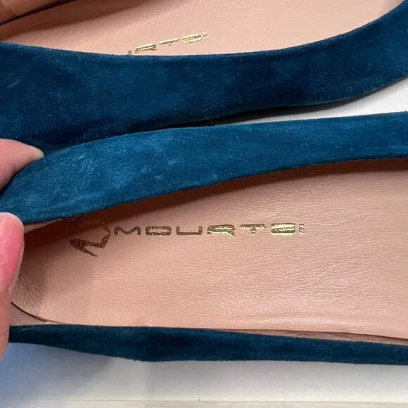 Women's Suede Made in Greece Sz 8.5 39 EU Teal Blue Ballerina Loafer Fairy Bow