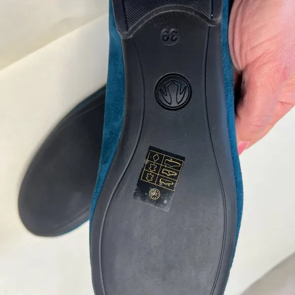 Women's Suede Made in Greece Sz 8.5 39 EU Teal Blue Ballerina Loafer Fairy Bow