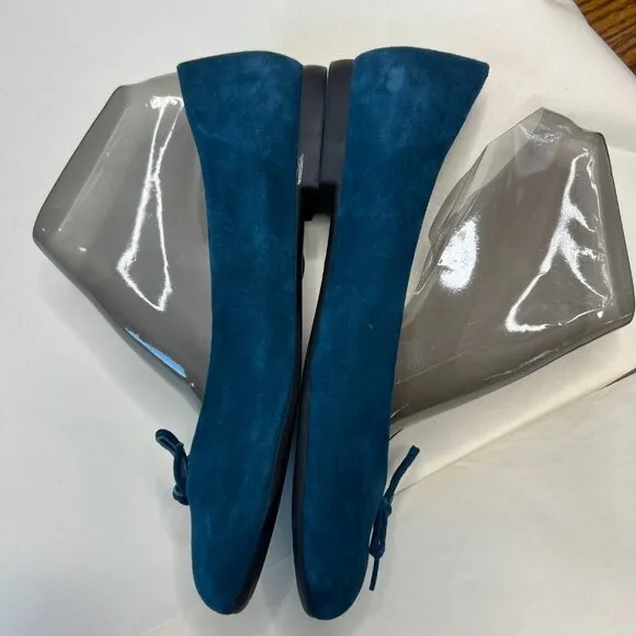 Women's Suede Made in Greece Sz 8.5 39 EU Teal Blue Ballerina Loafer Fairy Bow