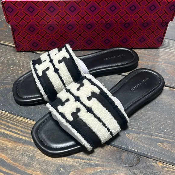 WOMENS TORY BURCH DOUBLE T SLIDES IN NERO/LIGHT ALABASTER - 5